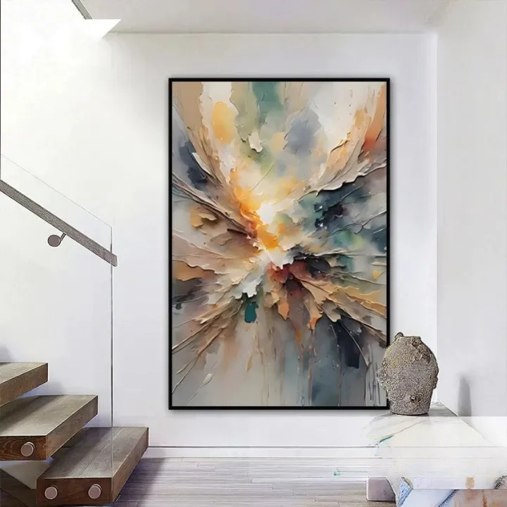 a large abstract painting hanging on a white wall, with a staircase visible in the background.