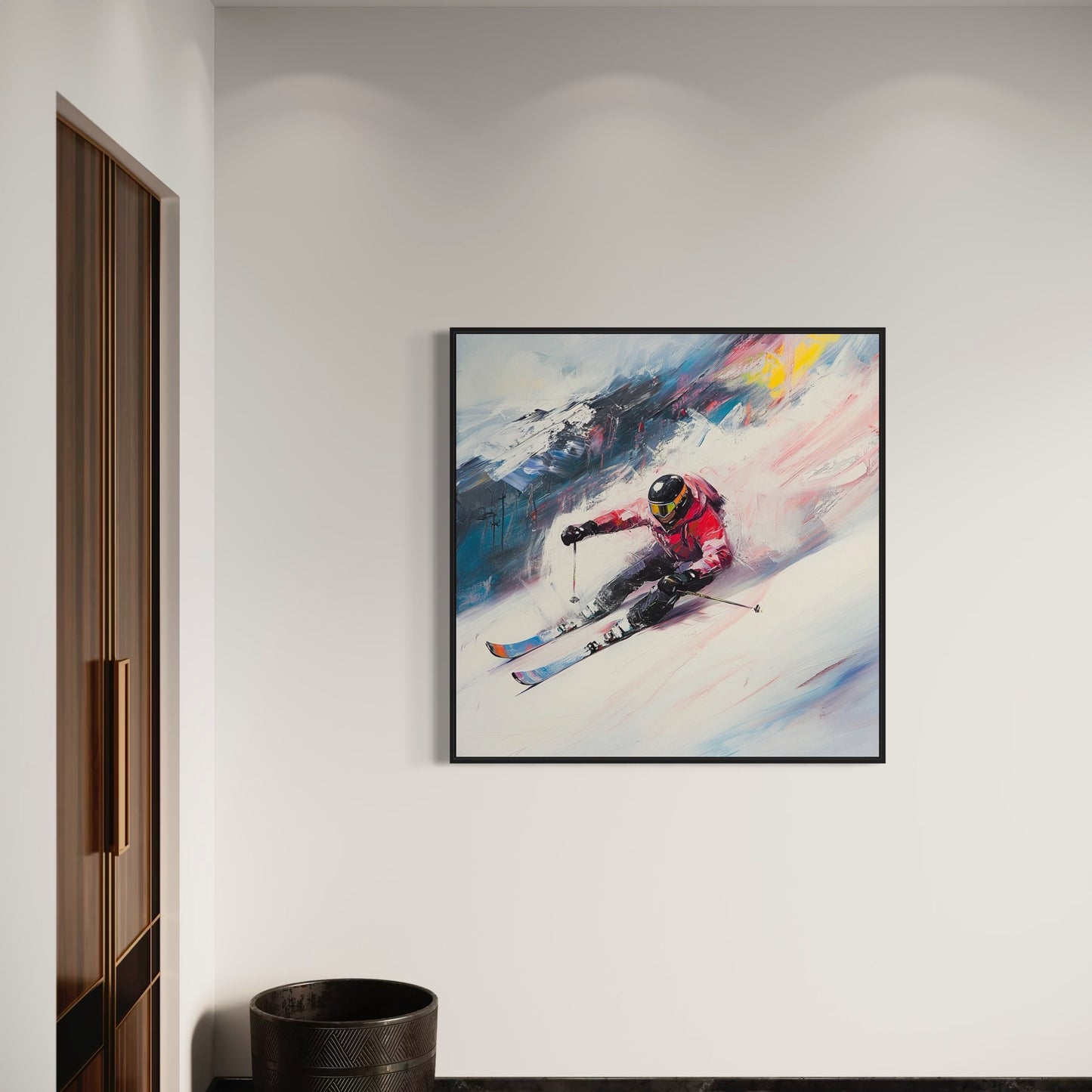 a painting of a skier on a white wall