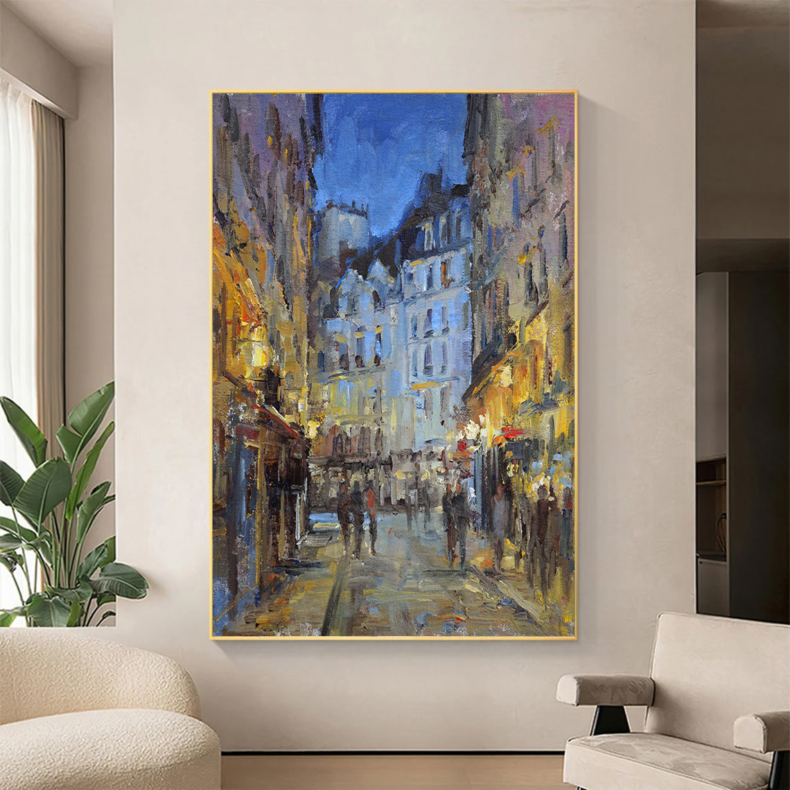 a painting of a city street at night