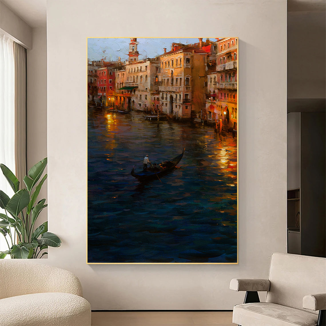 a painting of a gondola in venice at night