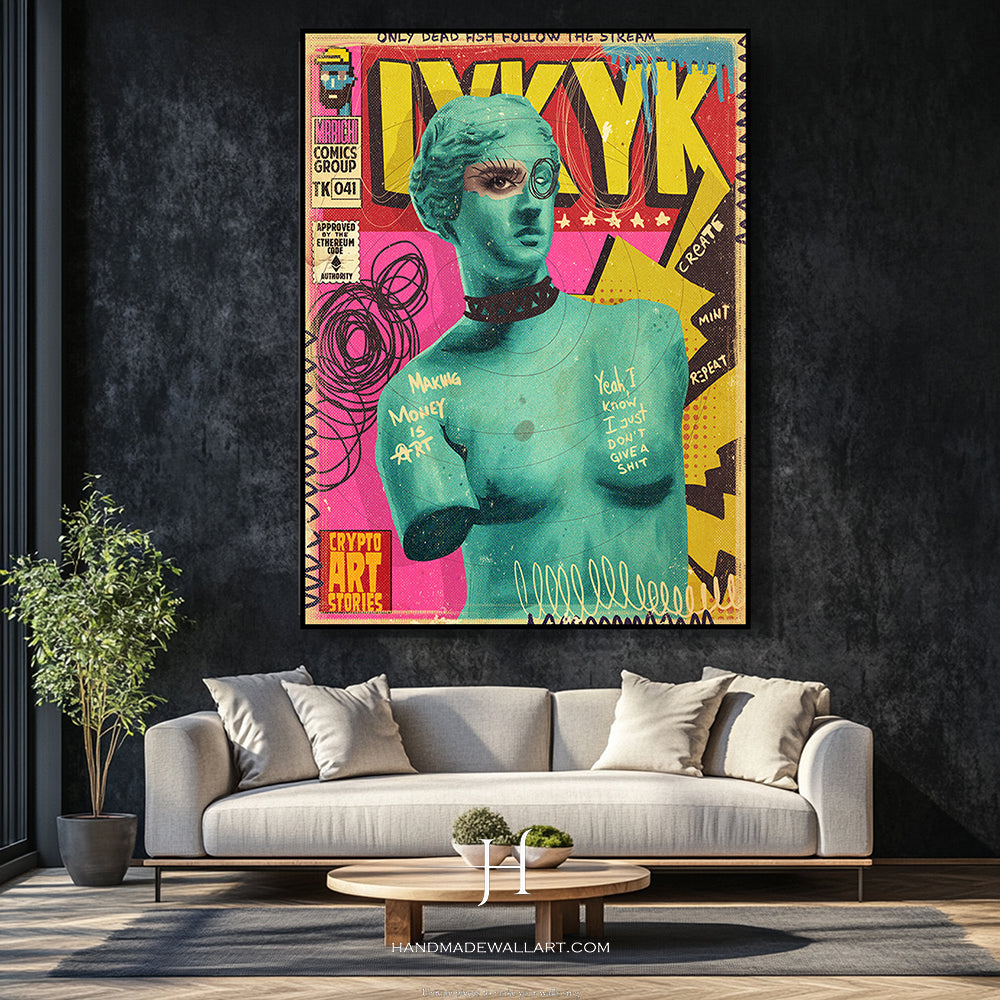a living room with a couch and a painting on the wall