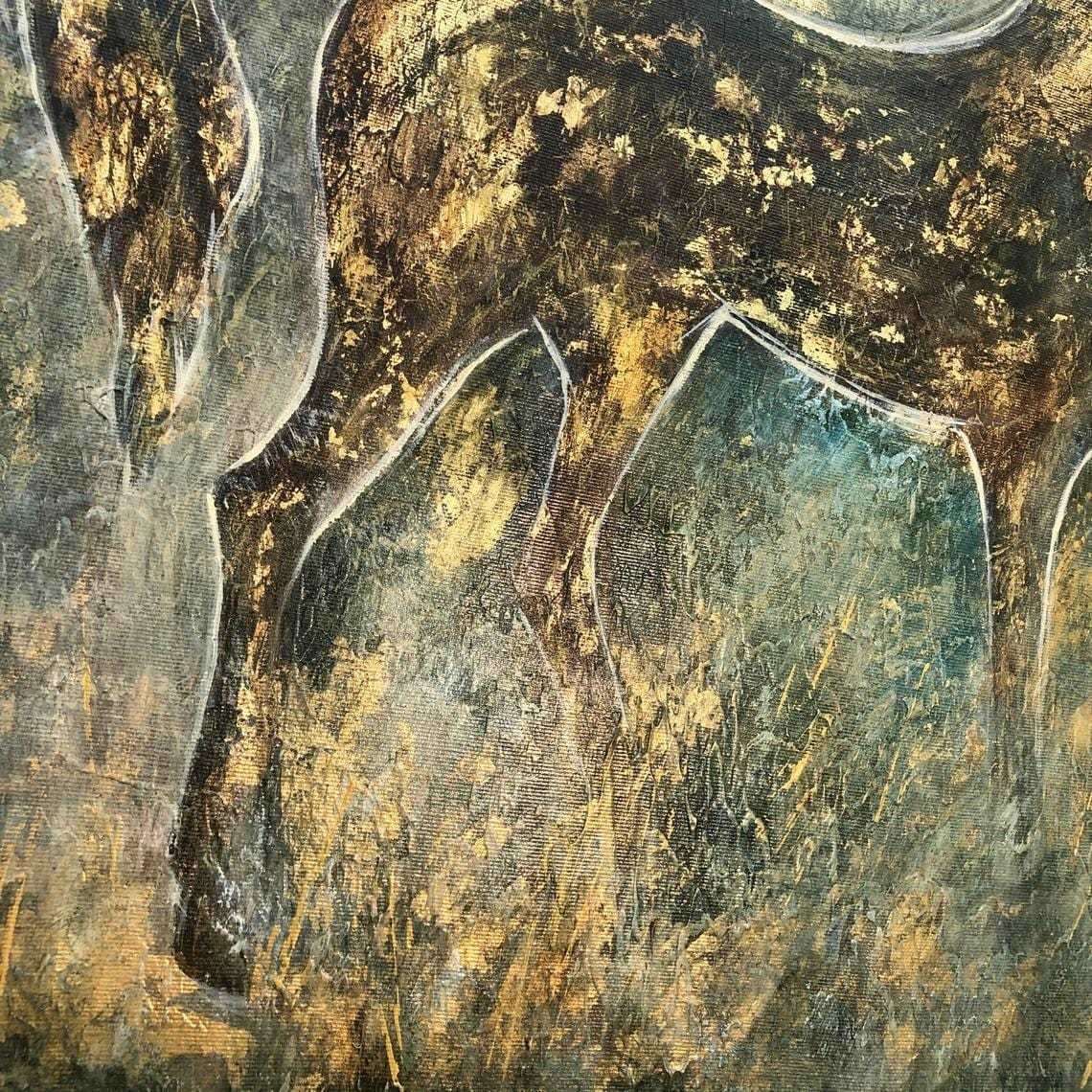 The image is an abstract painting with a textured, earthy color palette featuring shades of brown, green, and gold. The painting appears to be a close-up of a piece of art, with a focus on the intricate details and textures of the artwork.