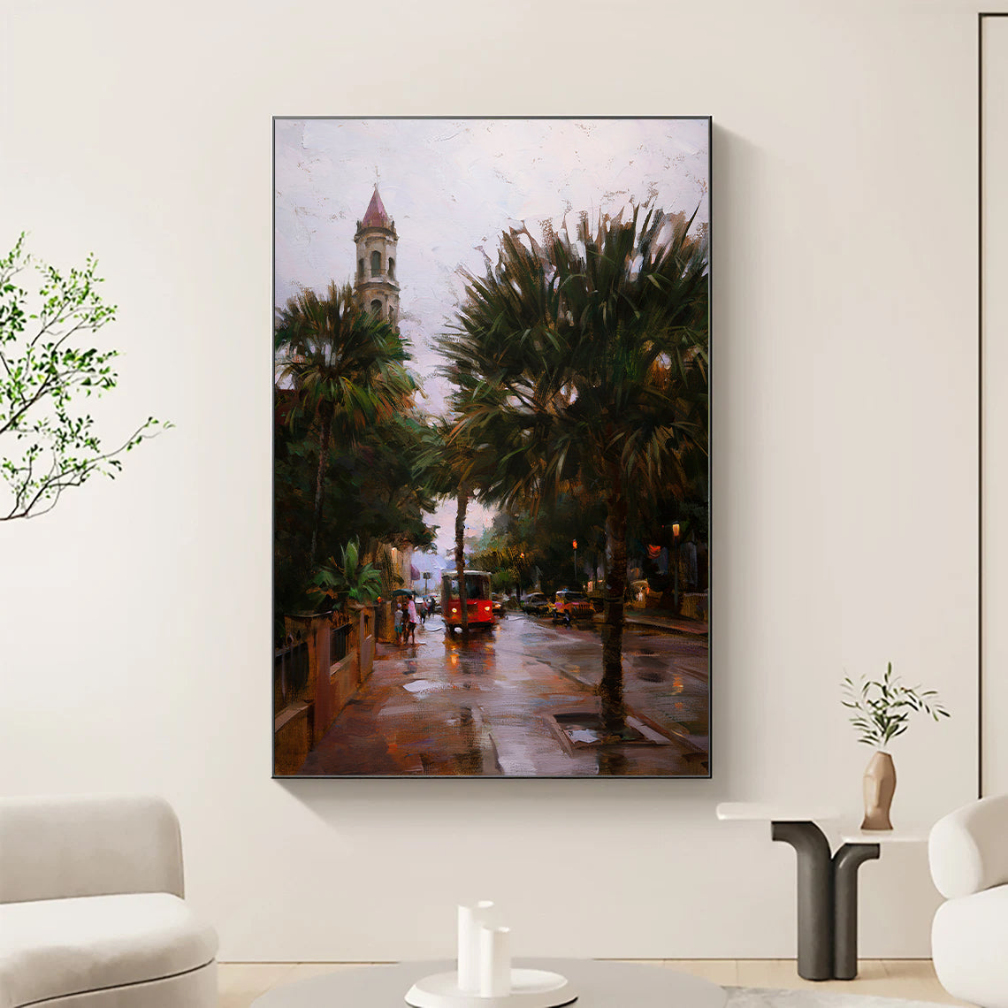 a painting of a city street with a clock tower in the background