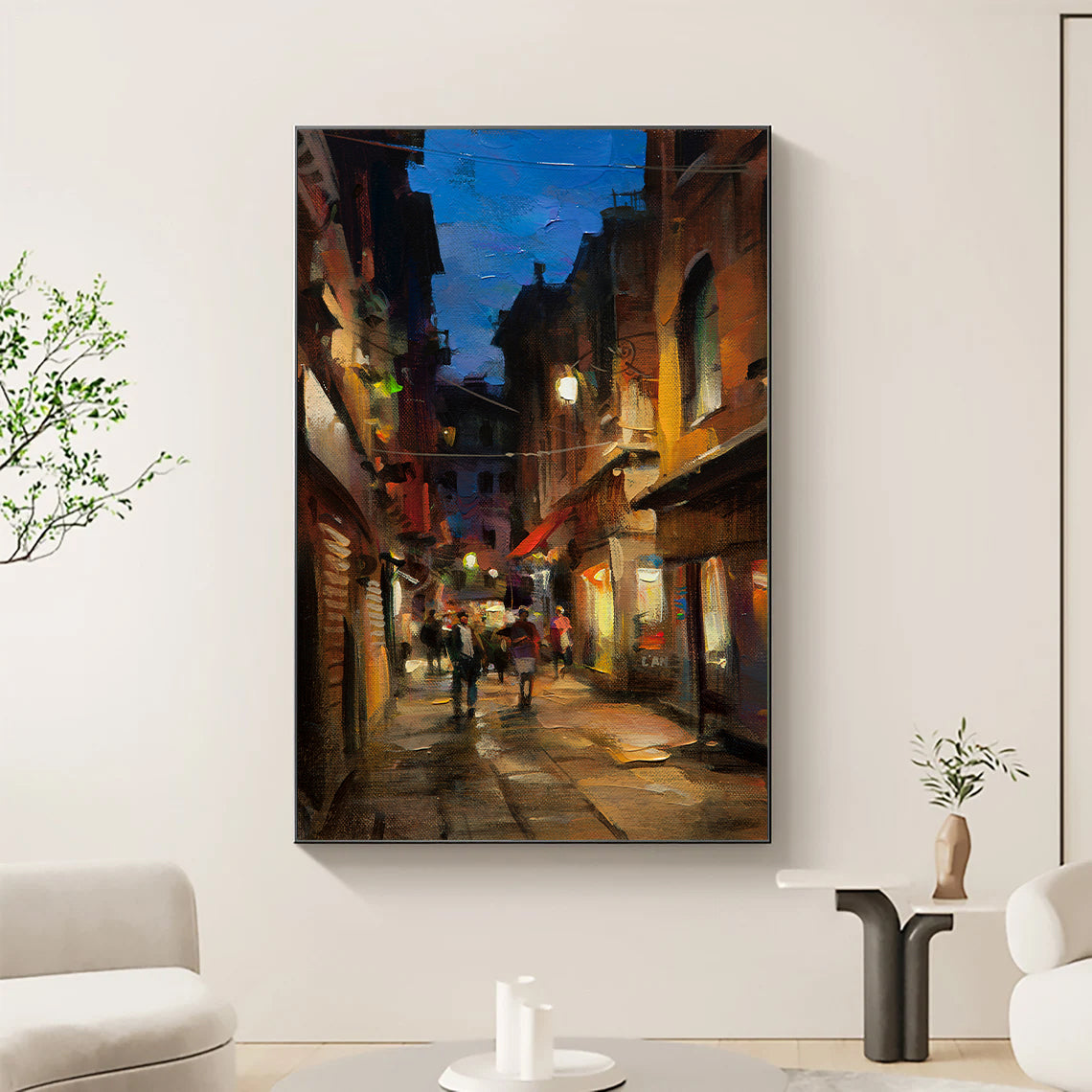 a painting of a city street at night