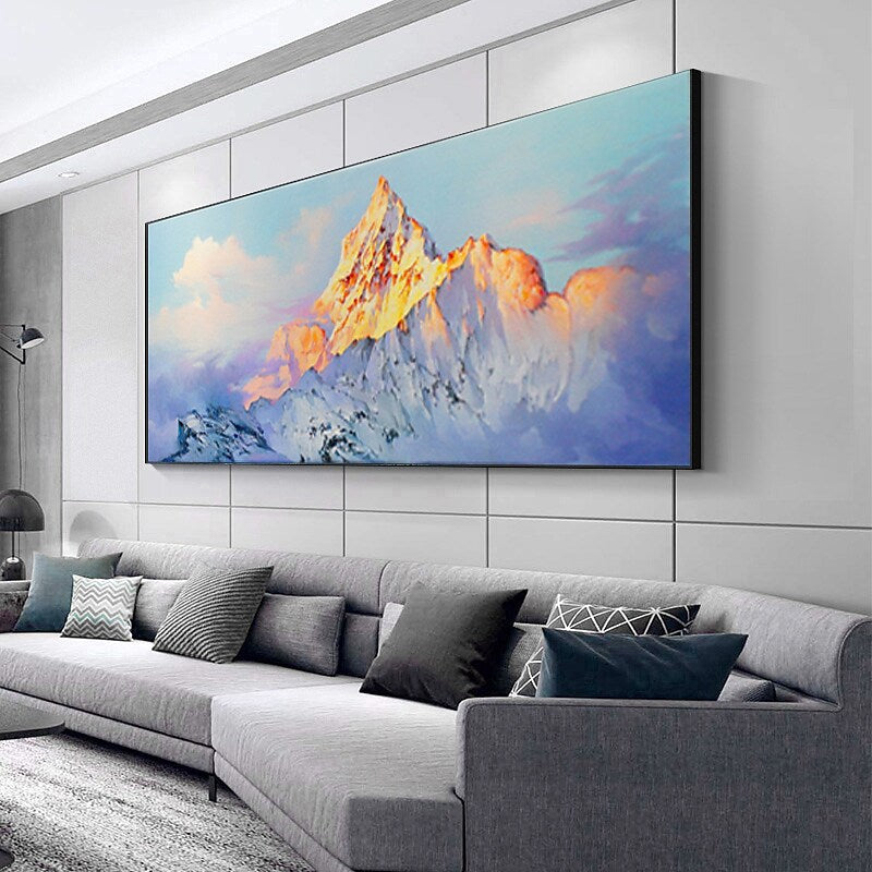 a living room with a large painting on the wall