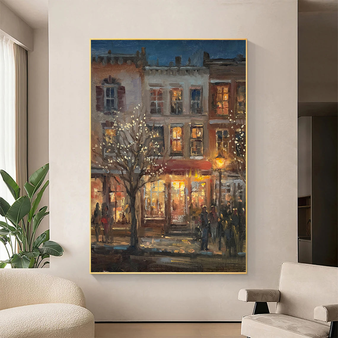 a painting of a city street at night