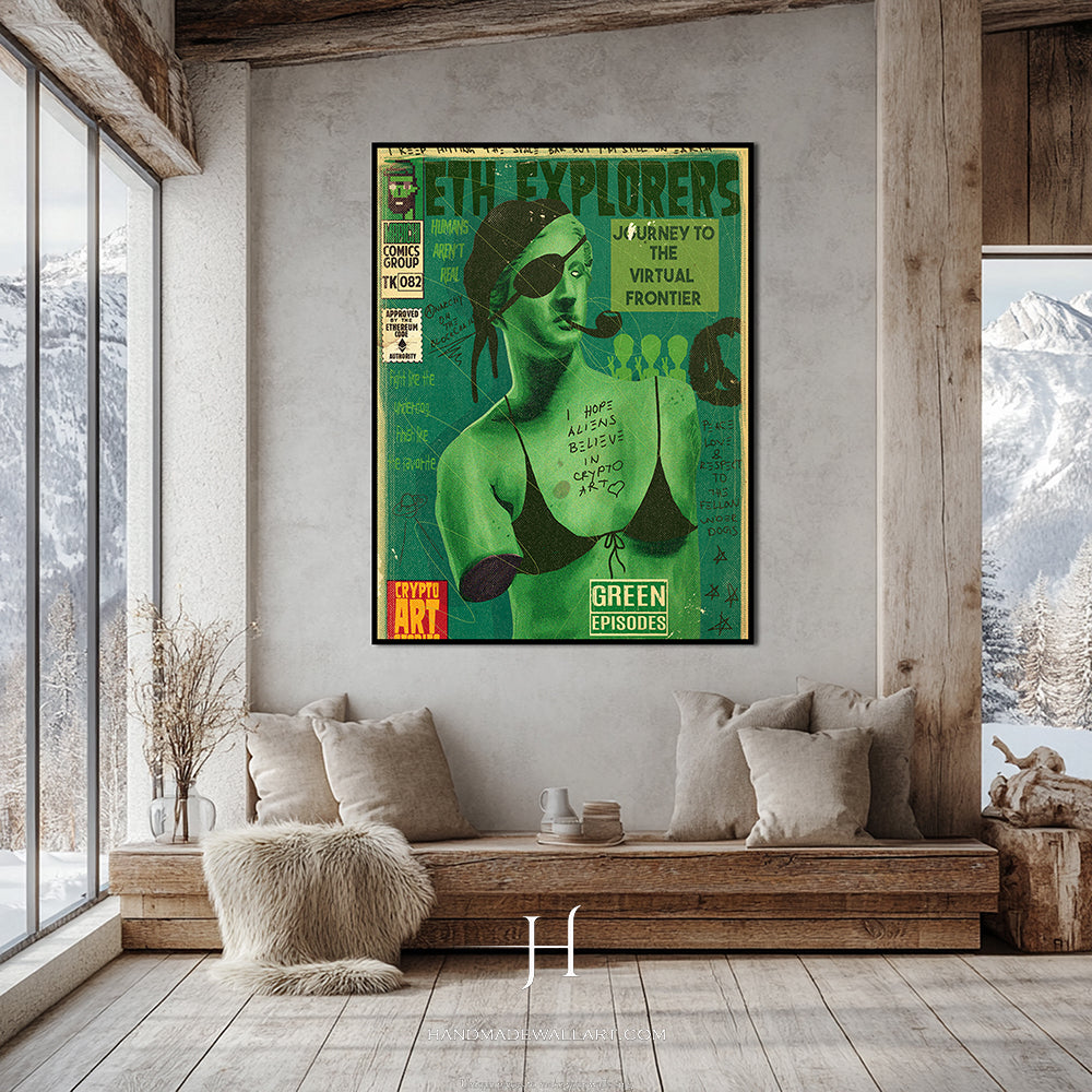 a living room with a couch and a poster on the wall