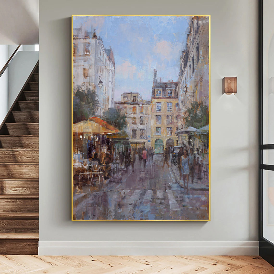 a painting of people walking down a street