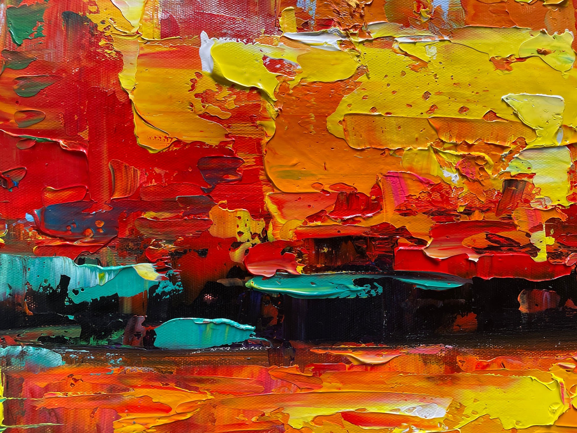 an abstract painting of orange, yellow, and red colors