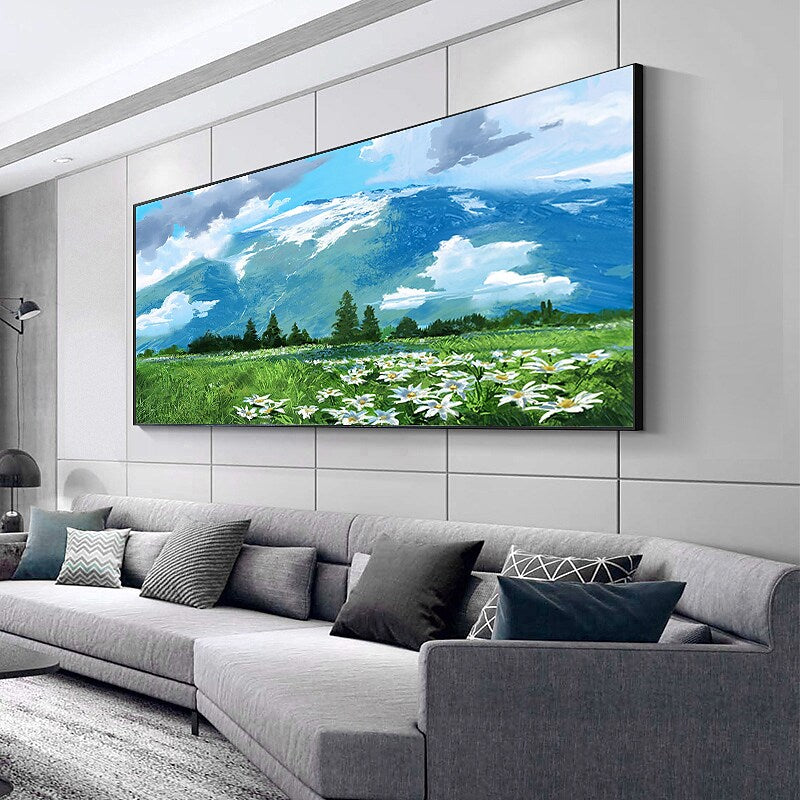 a living room with a large painting on the wall