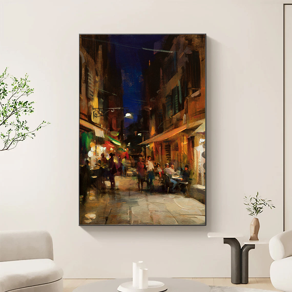 a painting of a city street at night