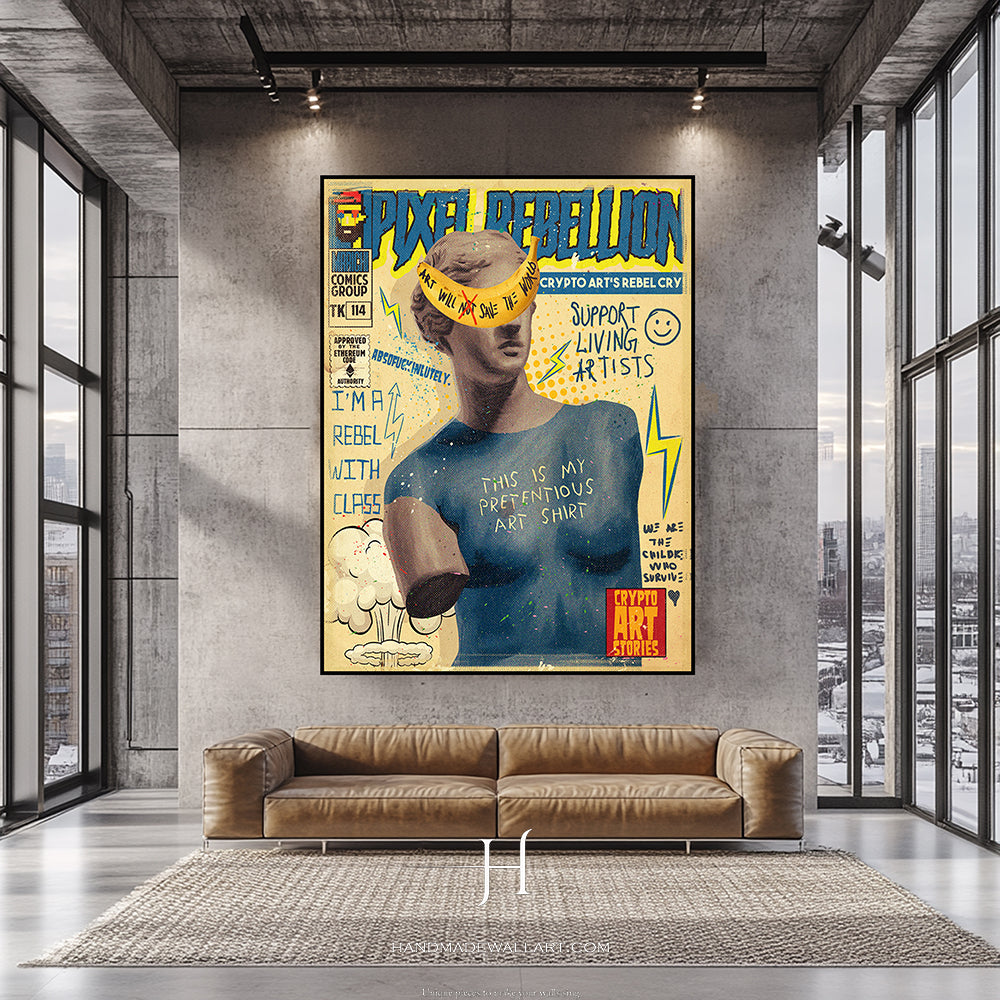 a living room with a couch and a painting on the wall