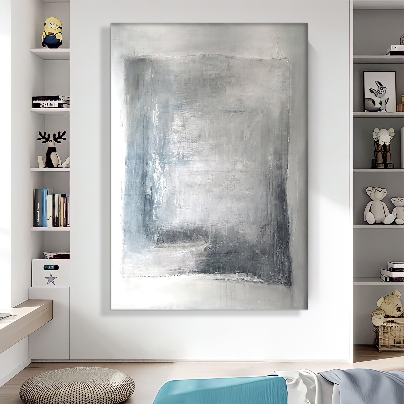 a painting is hanging on a wall in a room