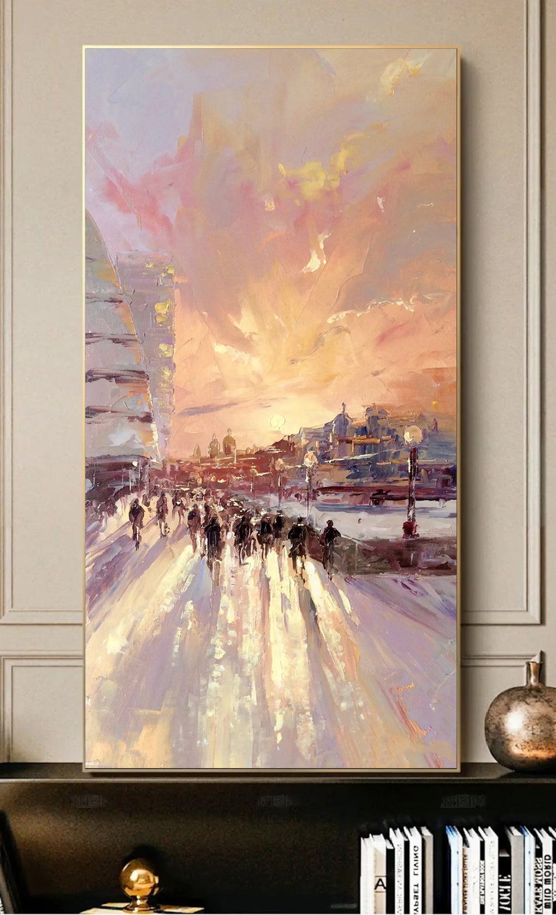 a painting of people walking down a street