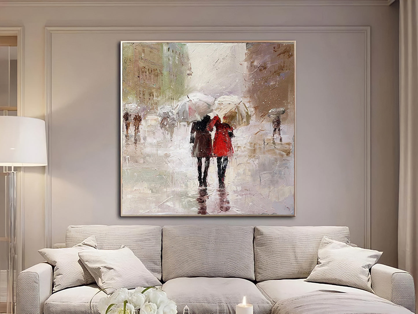 a painting of two people holding umbrellas in a living room