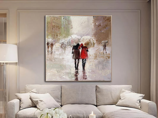 a painting of two people holding umbrellas in a living room