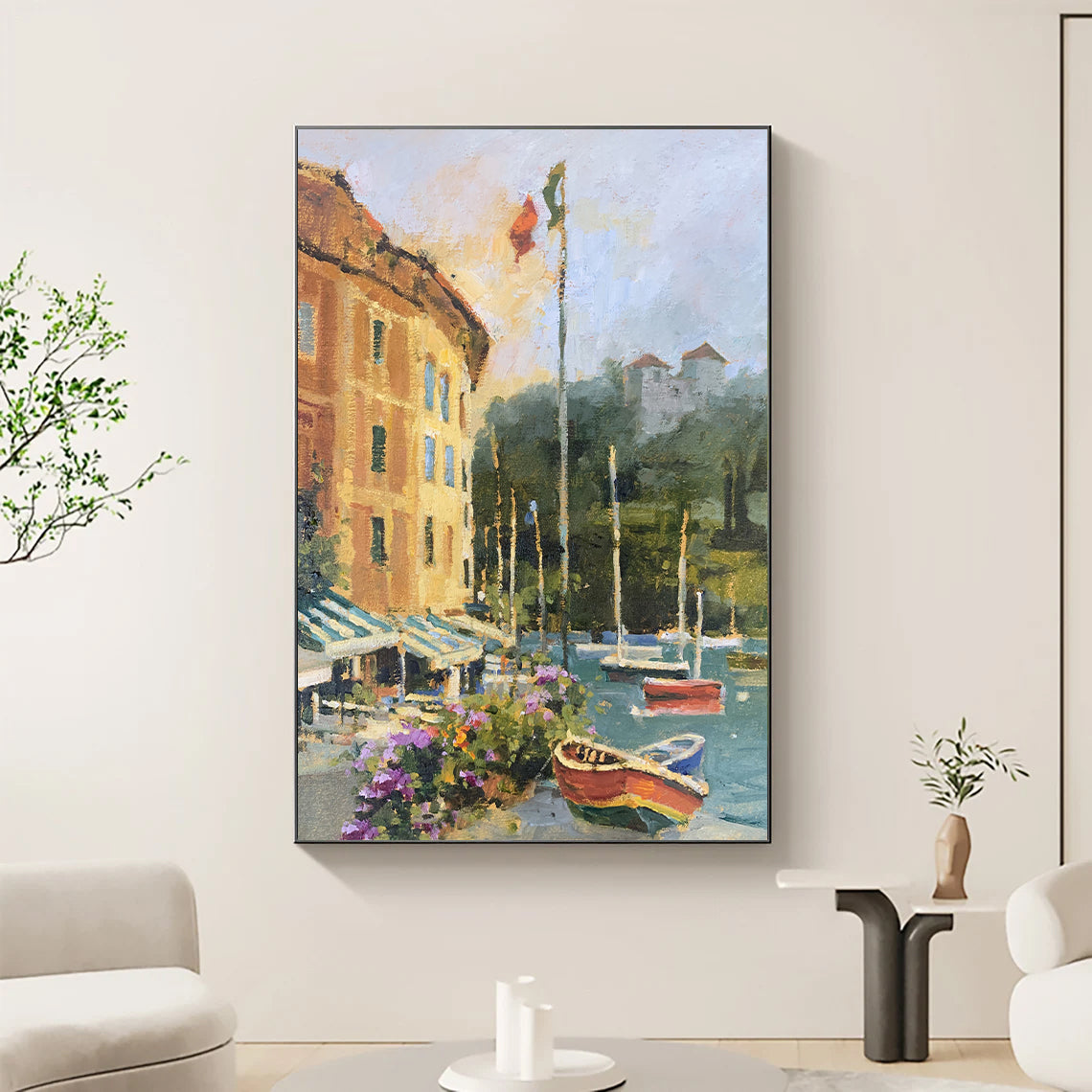 a living room with a painting of boats in the water