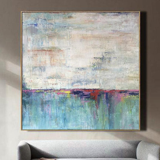 a large abstract painting hanging on a wall, depicting a colorful and vibrant landscape with a cloudy sky and a body of water.