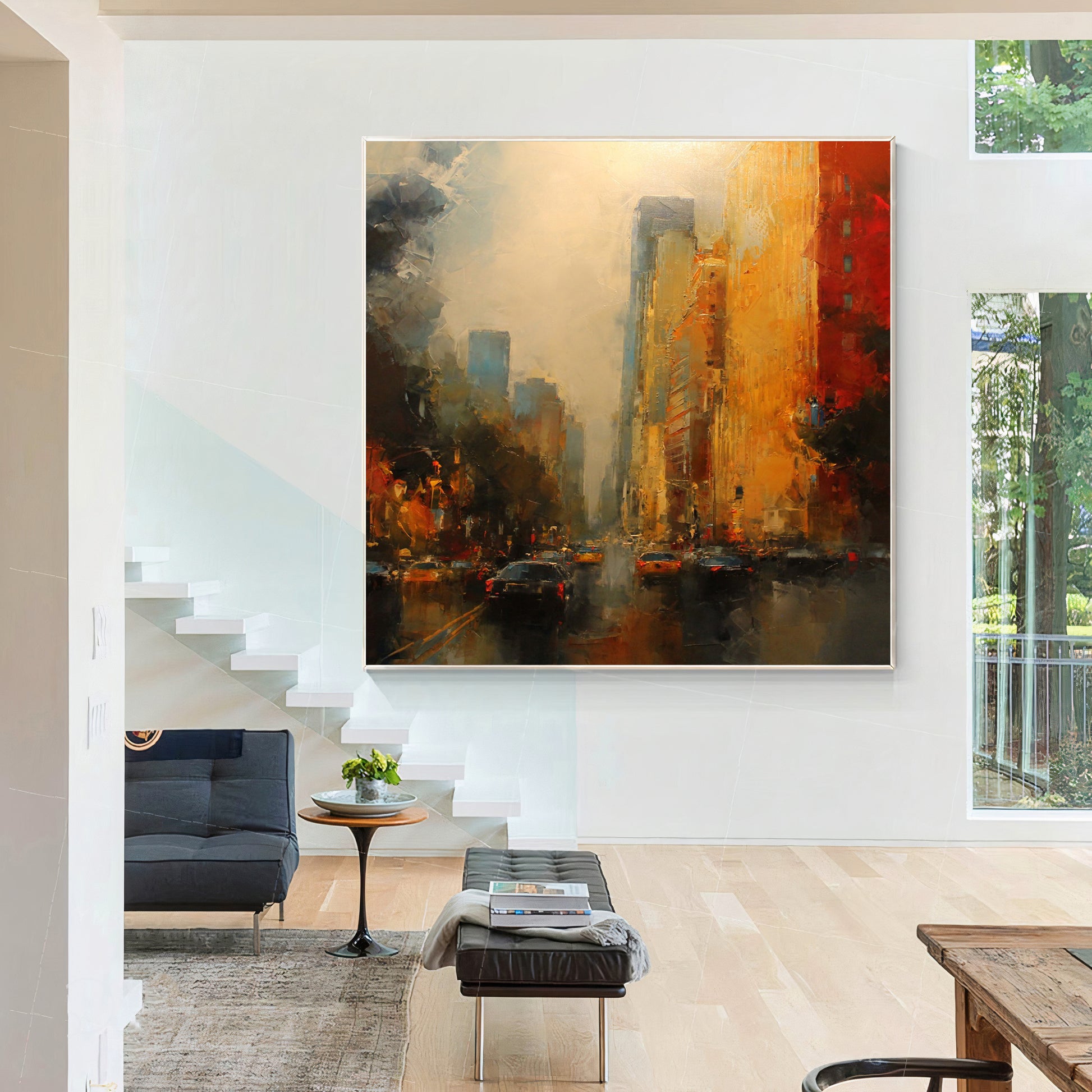 a living room with a painting on the wall