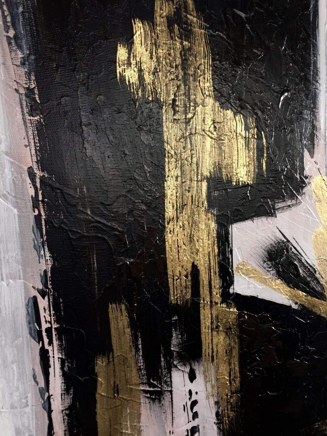 an abstract painting with gold and black colors