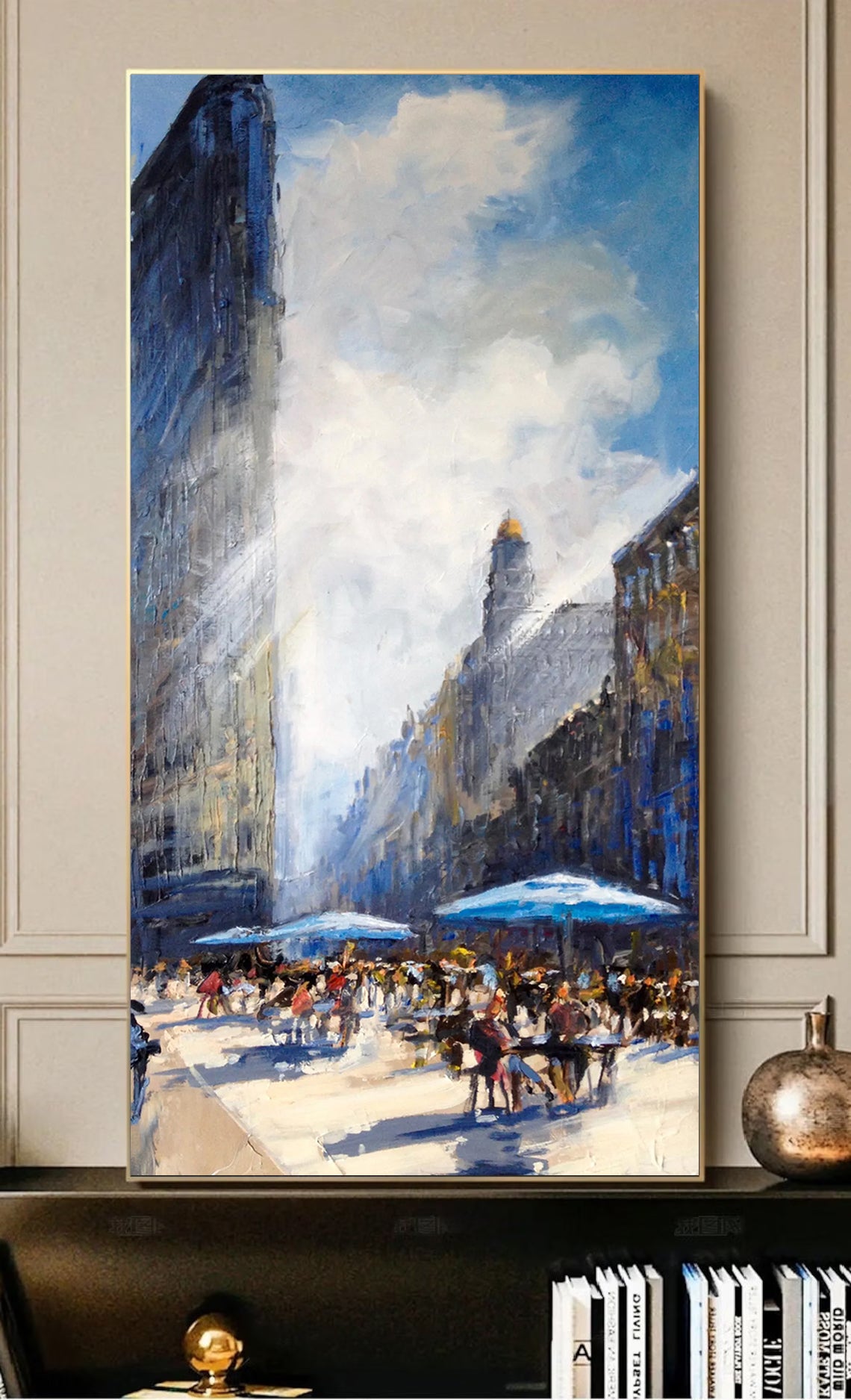 a painting of a city street with people and umbrellas