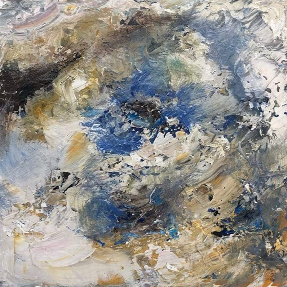 The image is an abstract painting with a mix of blue, brown, and white colors, creating a dynamic and visually striking composition.