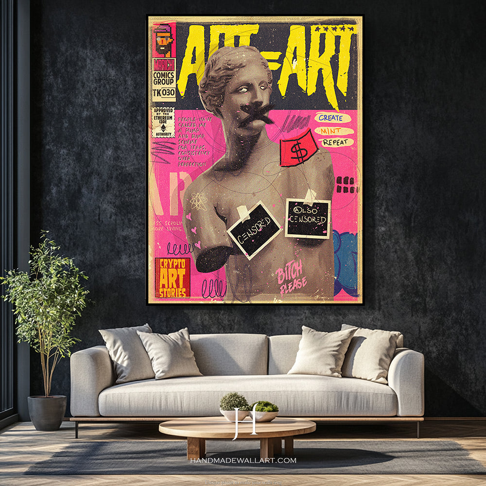 a living room with a couch and a painting on the wall