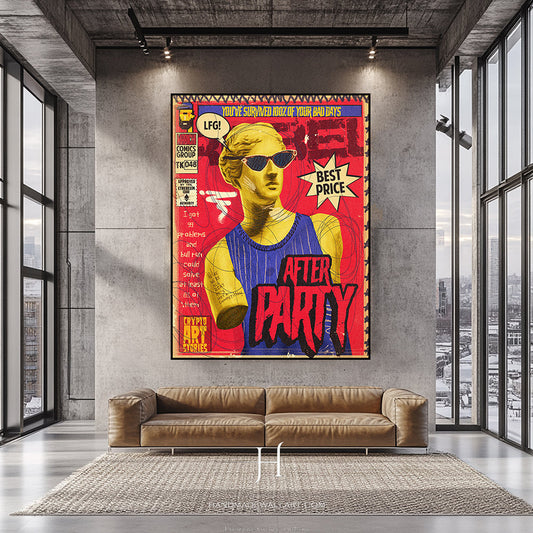 a living room with a couch and a painting on the wall