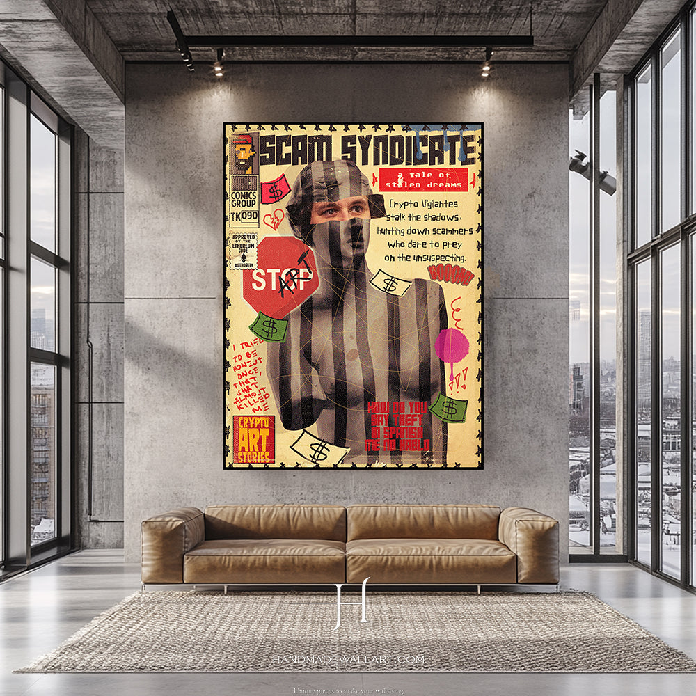 a living room with a couch and a poster on the wall