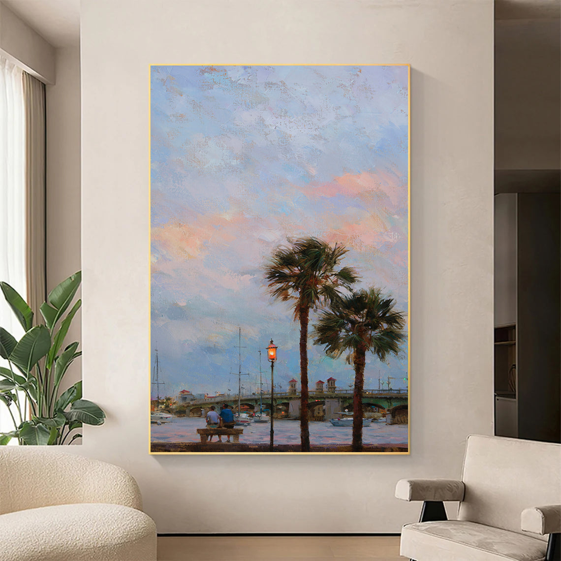 a painting of palm trees in a living room