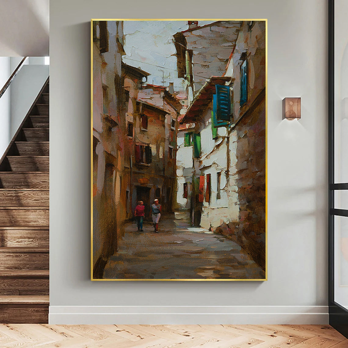 a painting of two people walking down a street