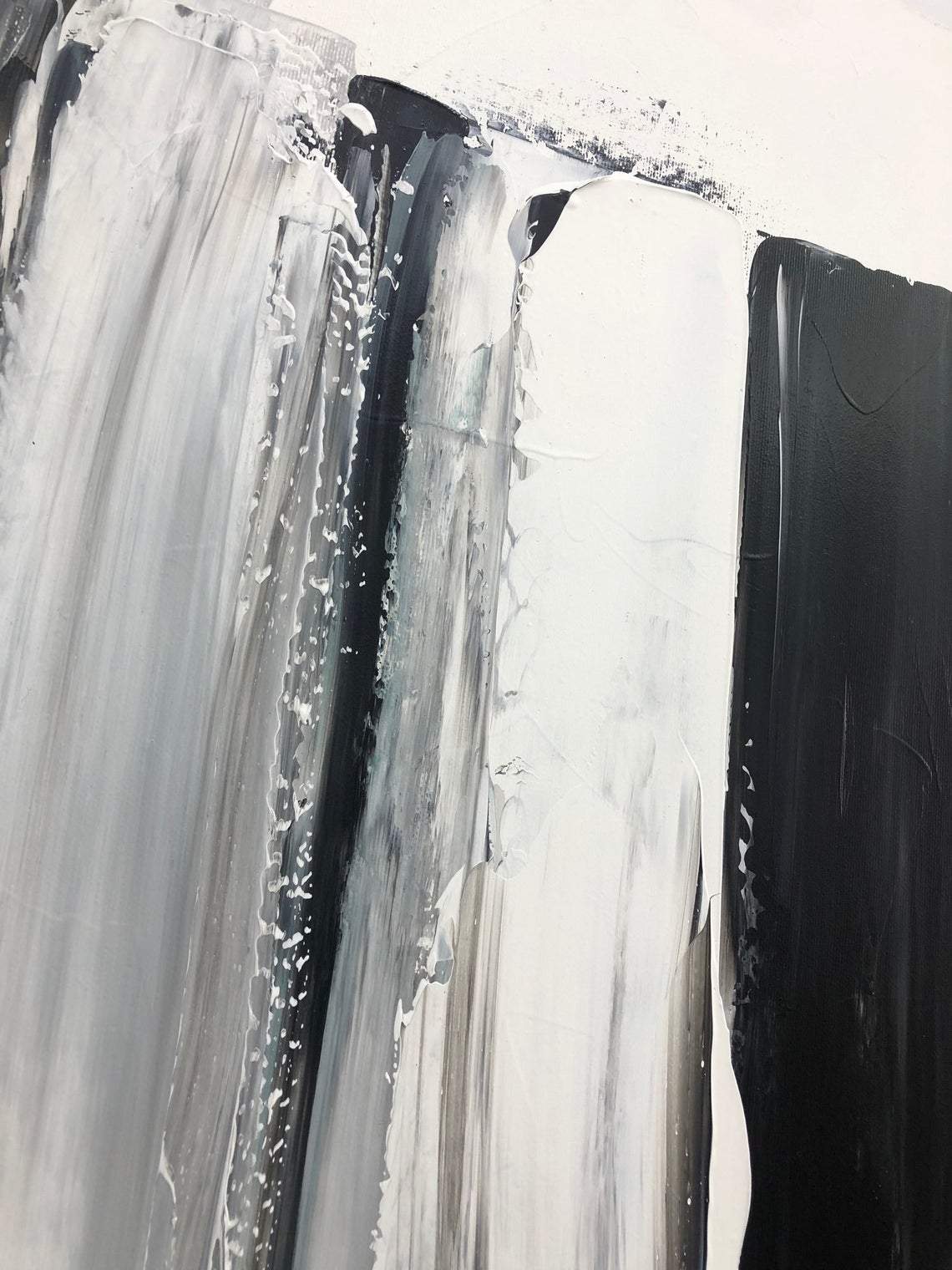 a black and white painting of a waterfall