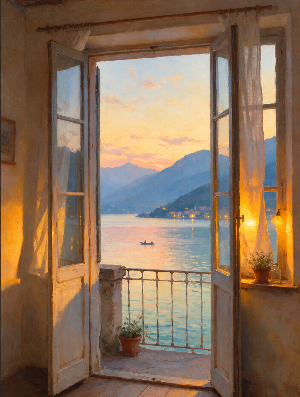 a serene view of a lake at sunset, with a boat gently floating on the water and mountains in the distance. The scene is captured through an open balcony door, which offers a panoramic view of the tranquil landscape. The warm, golden light of the setting sun bathes the scene, creating a peaceful and picturesque atmosphere.