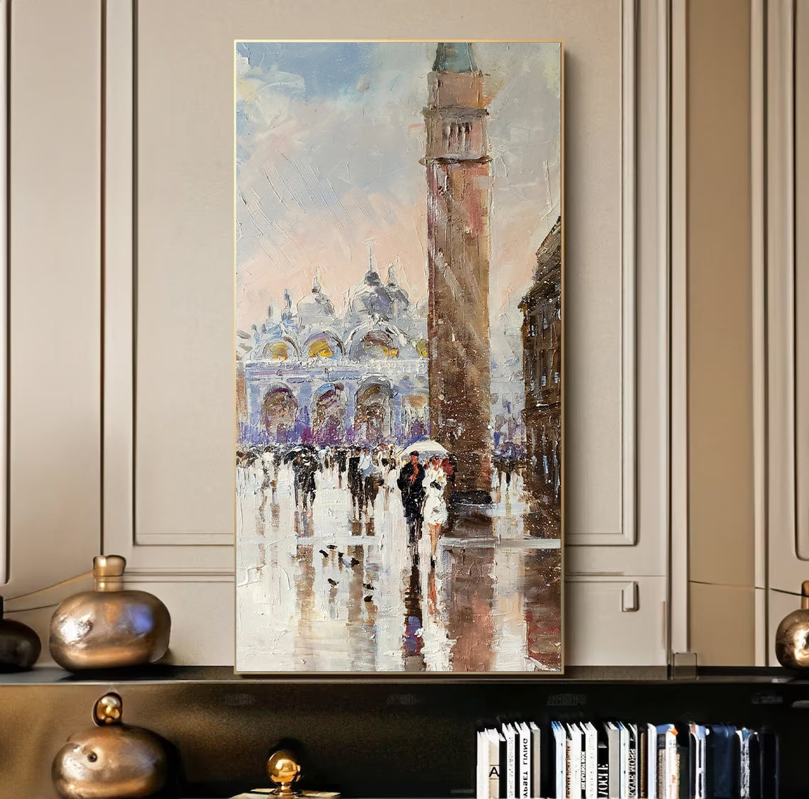 a painting of people walking in the rain