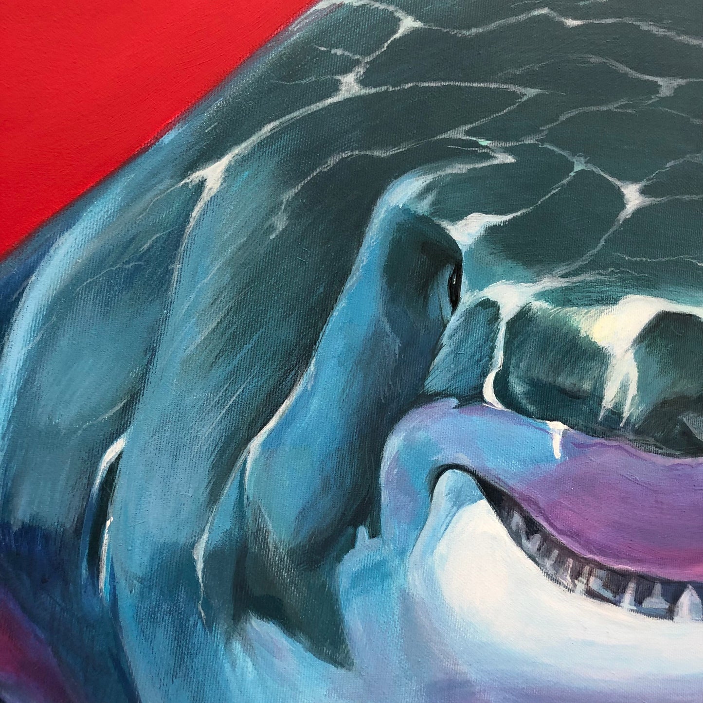 a painting of a shark with its mouth open