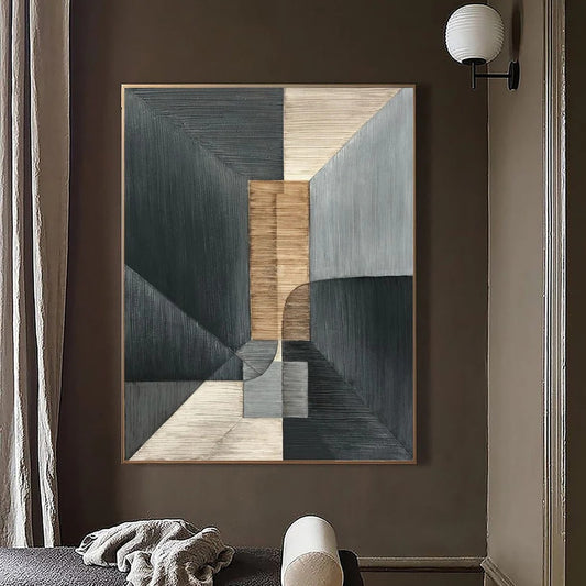 a large abstract painting hanging on a wall in a room.