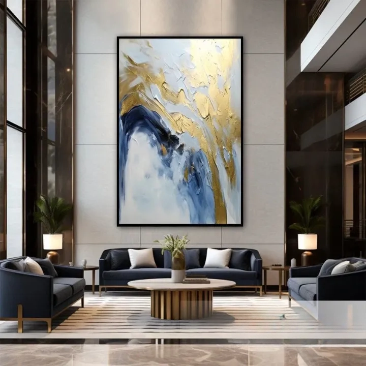 a luxurious living room with a large abstract painting on the wall, a blue sofa, a coffee table, and two lamps.