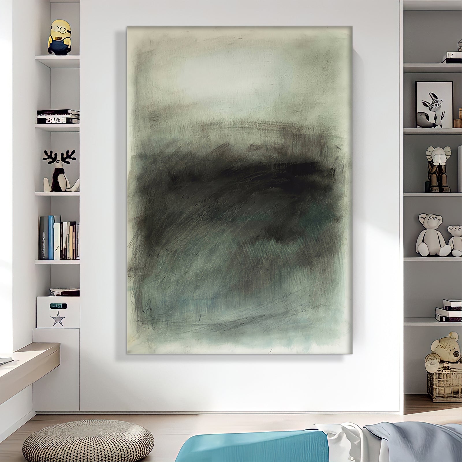 a large painting hanging on a wall in a living room