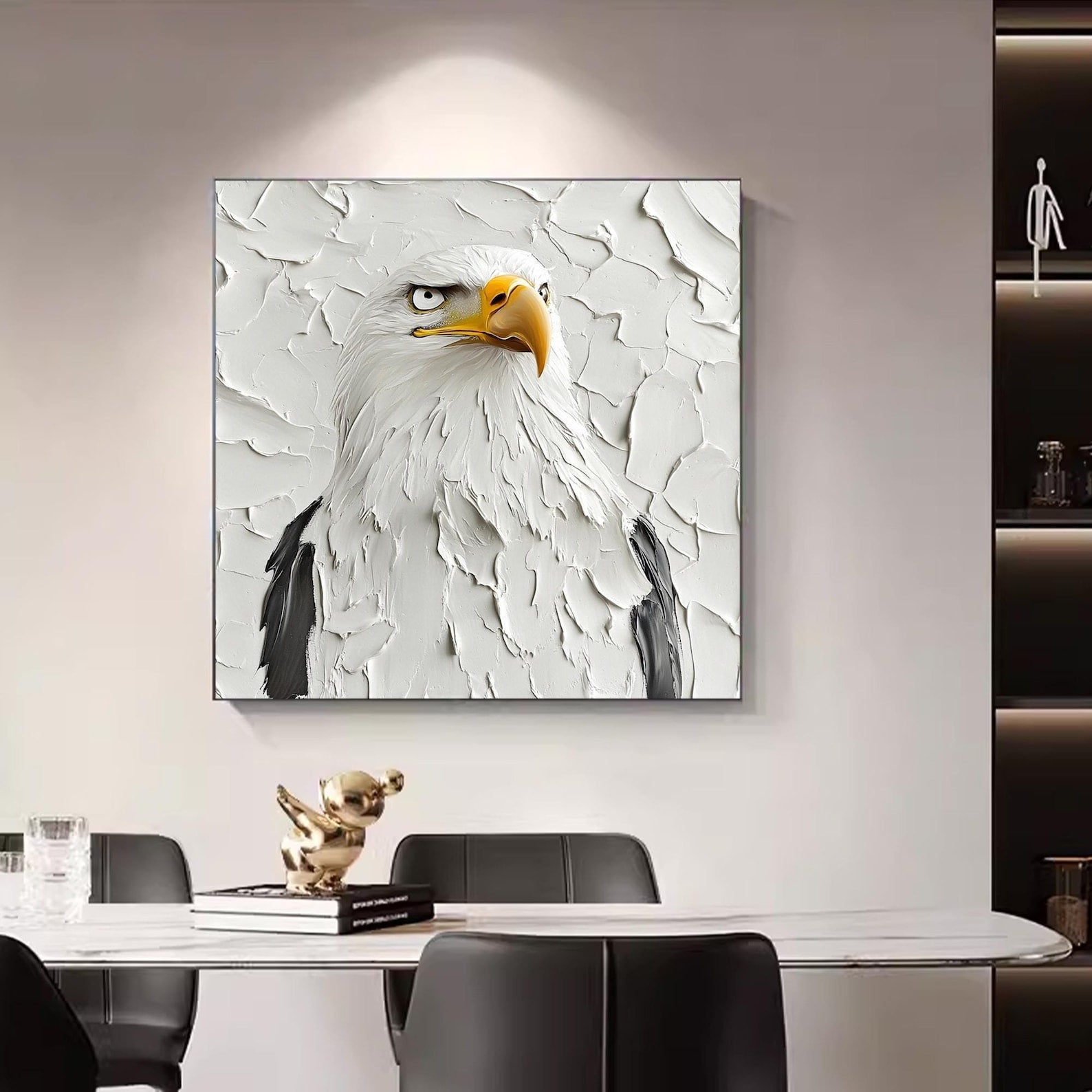 a painting of a bald eagle on a white wall