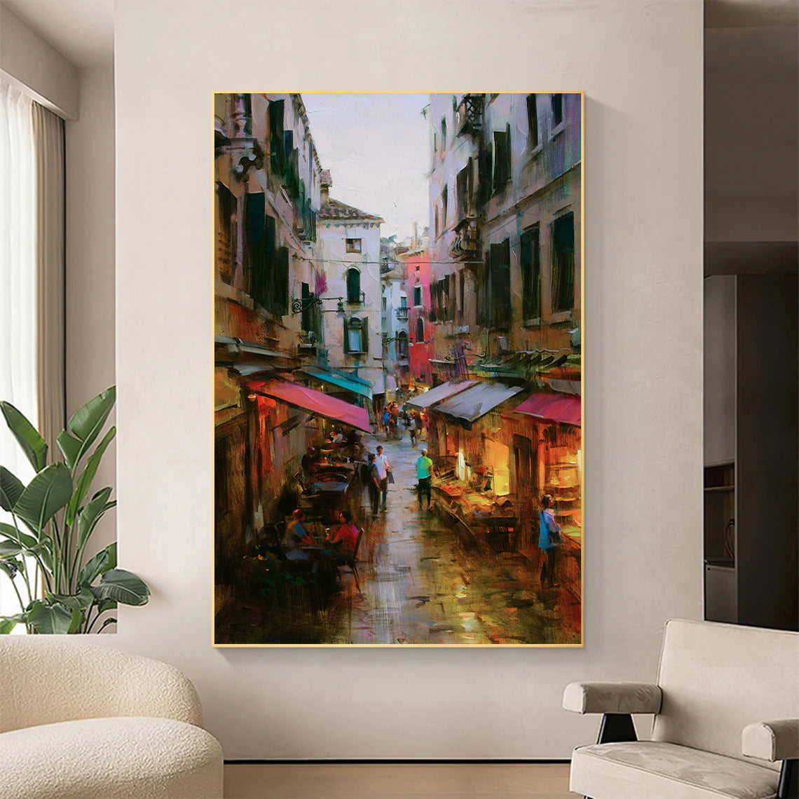 a painting of a city street with people walking down it