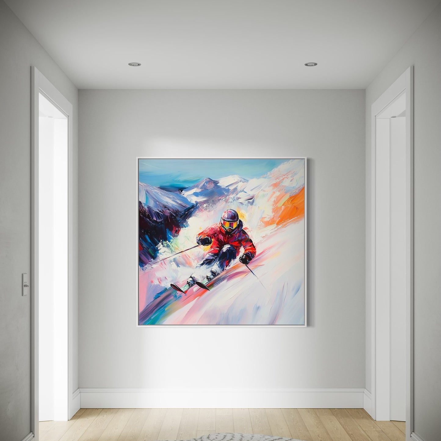 a painting of a skier going down a mountain