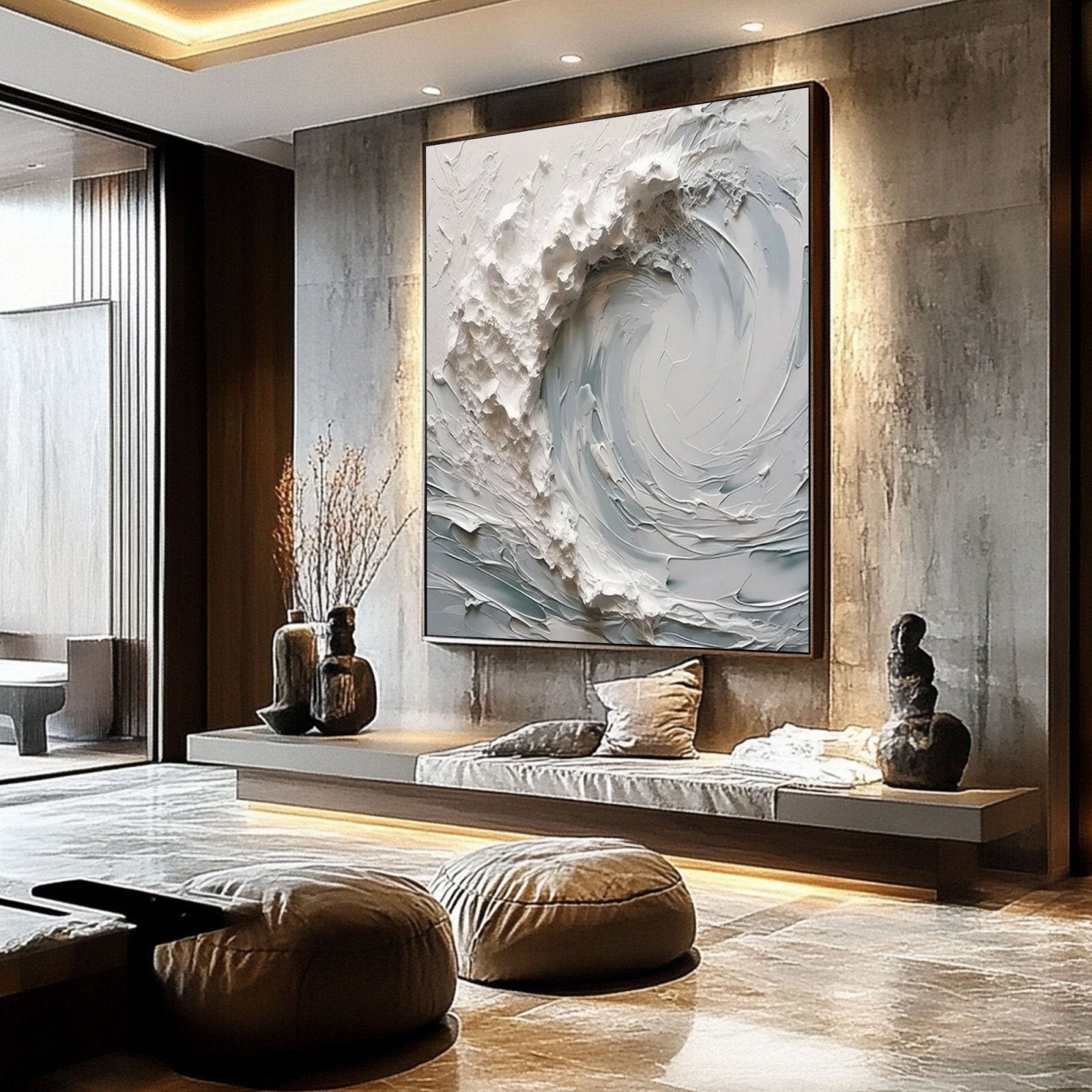 a modern living room with a large abstract painting of a wave on the wall, a wooden bench, and a glass door leading to another room.