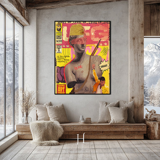 a living room with a couch and a painting on the wall