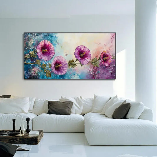 a large, colorful painting of flowers hanging on a white wall above a white couch in a modern living room setting.