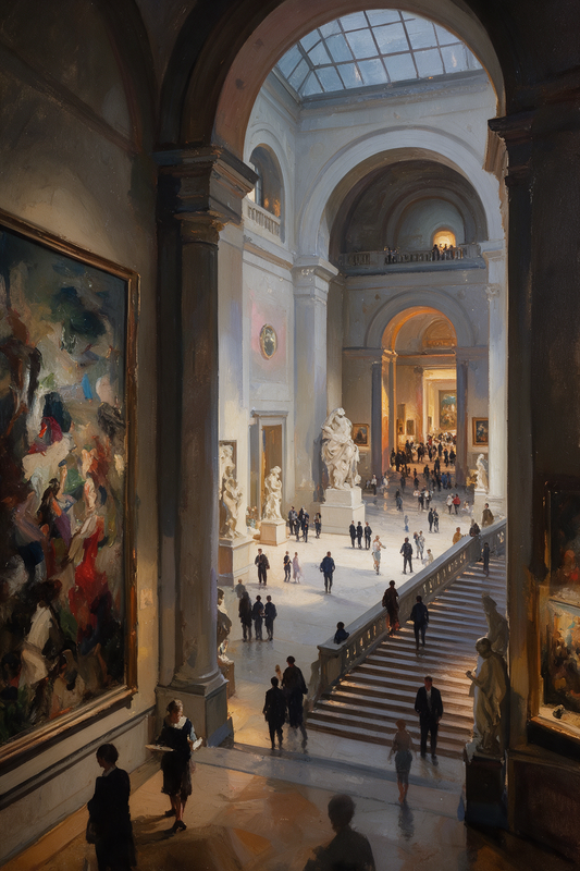 a grand, ornate interior space with high ceilings, arched doorways, and a central staircase. People can be seen walking through the space, which appears to be a museum or gallery. The artwork on the walls and the lighting create a warm, inviting atmosphere.