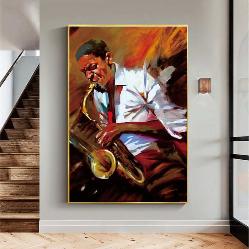 a painting of a man playing a saxophone