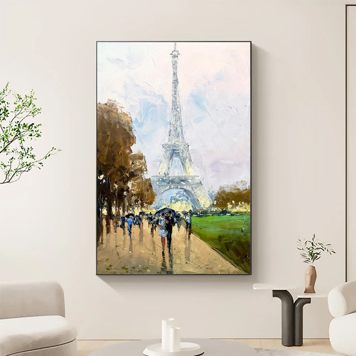 a painting of people walking in front of the eiffel tower