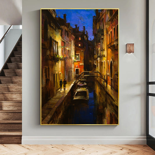 a painting of a city street at night