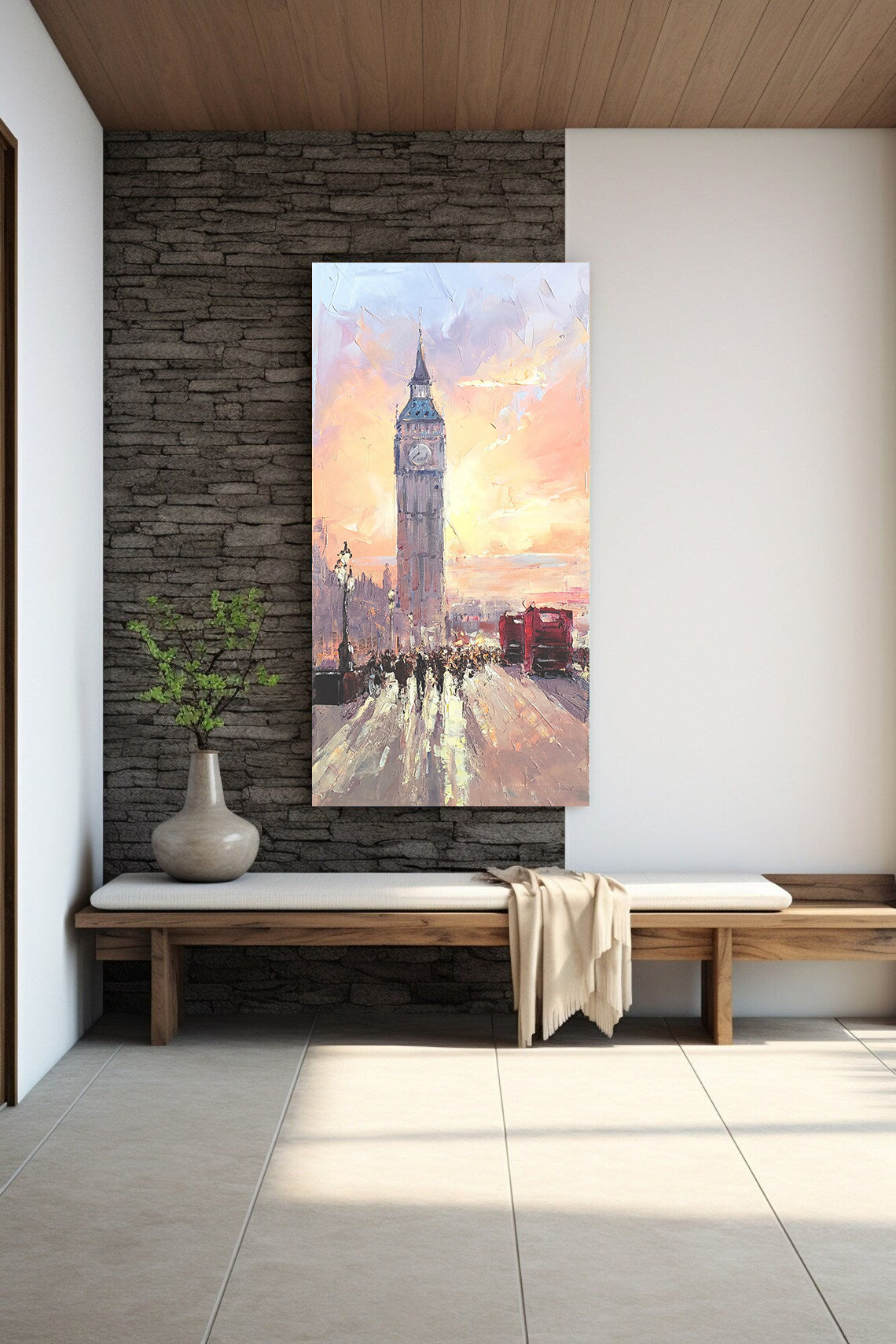 a painting of a clock tower on a wall