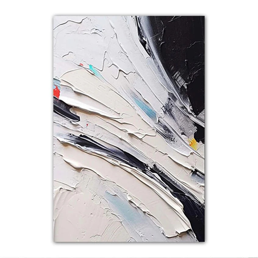 The image is an abstract painting with bold brushstrokes in various colors, including white, black, and red. The painting has a textured and layered appearance, with the brushstrokes creating a sense of movement and energy.
